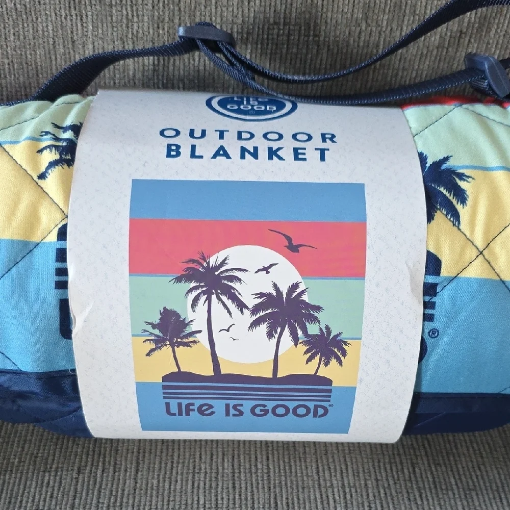 Life Is Good Blue Outdoor Blanket With Palm Trees And‎ Stripes, NWT, 50